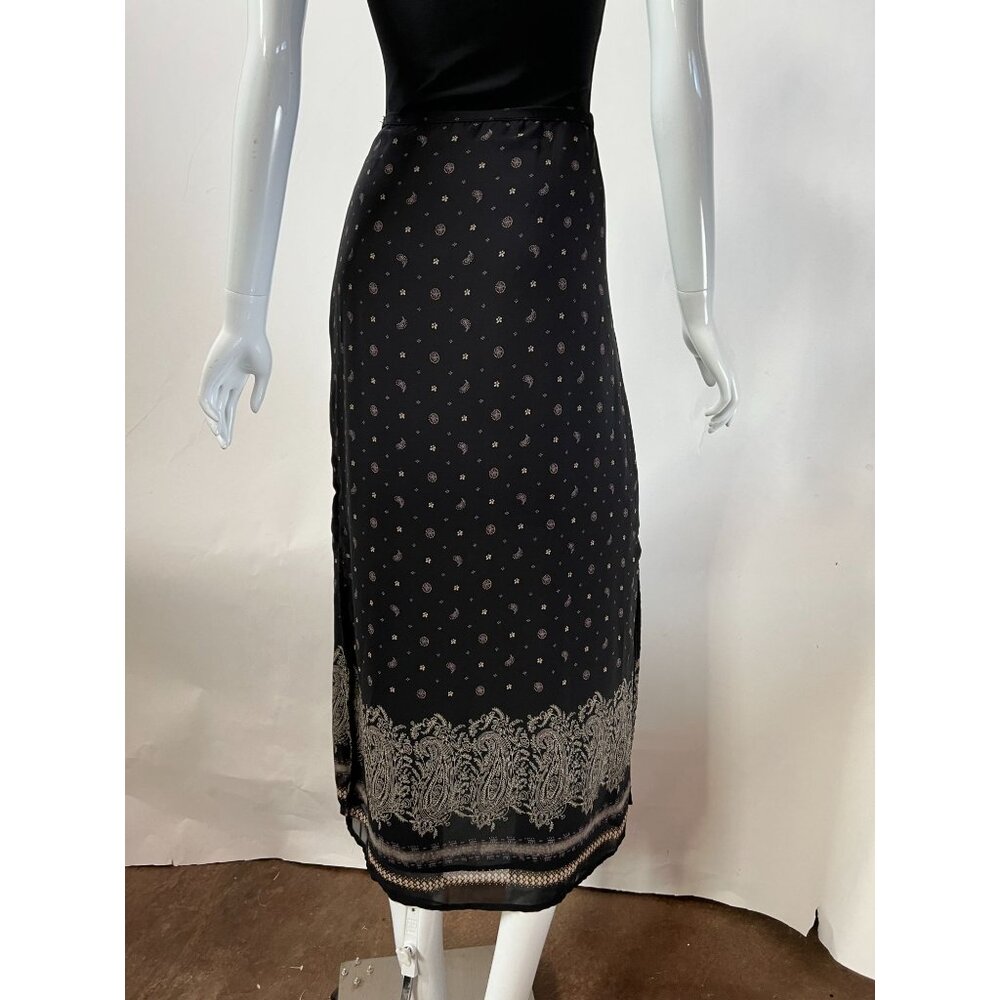 Vintage Black Midi Skirt sz 10  With Paisley & Floral Print Side Slit Button Clo - Picture 12 of 15